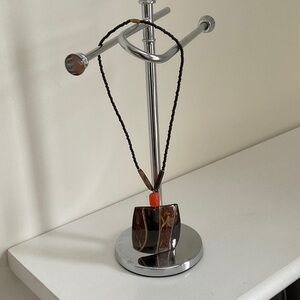 South African Beaded Necklace. Brown Geometric Wood Pendant and Orange Accent